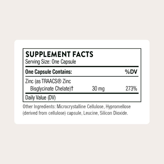 THORNE - Zinc Bisglycinate 30 mg - Highly Absorbable Zinc Supplement - Supports Immune System, Eye, Skin & Reproductive Health* - Third-Party Certified - Gluten, Dairy & Soy-Free - 60 Capsules