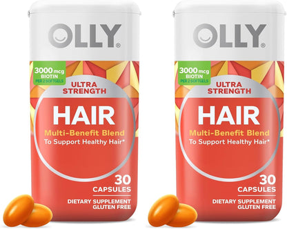 OLLY Ultra Strength Hair Softgels, Supports Hair Health, Biotin, Keratin, Vitamin D, B12, Hair Supplement, 30 Day Supply - 30 Count (Packaging May Vary)