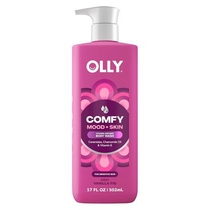 OLLY Body Wash Comfy Mood + Skin with ceramides, chamomile oil & vitamin E to Hydrate & Nourish Skin, Cozy Vanilla & Fig Scent 17 Fl Oz