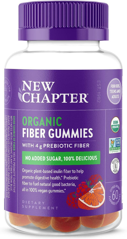New Chapter Organic Fiber Gummies - Prebiotic Fiber for Digestive & Gut Health Support* - No Added Sugar - USDA Organic, Non-GMO & Vegetarian - 60 Gummies
