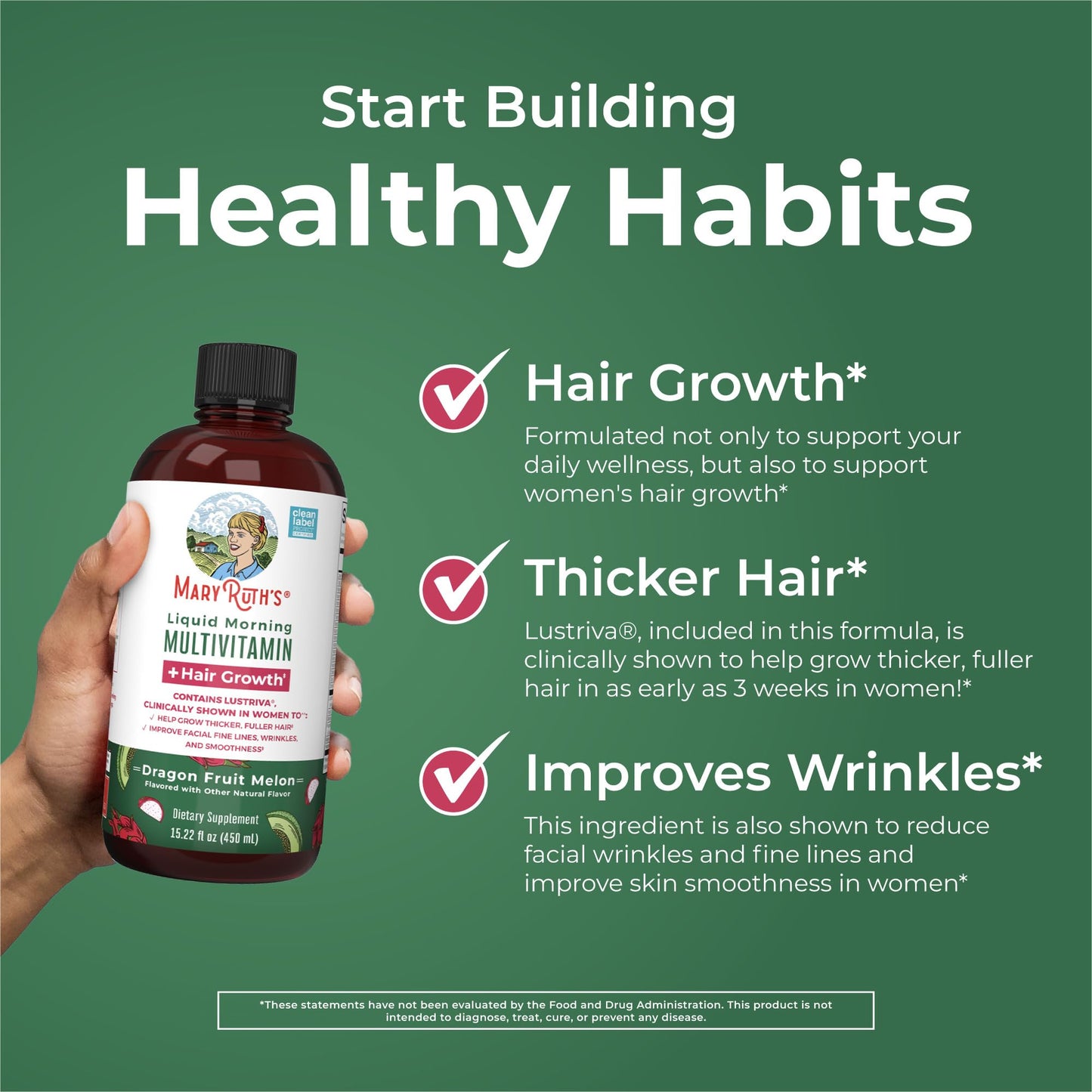 MARYRUTH'S Liquid Multivitamin+Hair Growth | Biotin 10000mcg | Lustriva Hair Growth Supplement | Clinically Tested in Women for Thicker Hair&Facial Wrinkle | Skin Care | Ages 18+