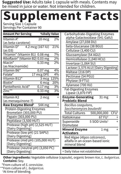 Garden of Life 22 Powerful Raw Enzymes for Women with Papain, Bromelain, Lactase plus Probiotics and Vitamins B12, Biotin and Zinc, Dietary Supplement with Digestive Enzymes, Vegetarian, 90 Capsules