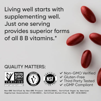 Sports Research® Vitamin B-Complex, 60 Count Plantgels™ | Full Spectrum of B Vitamins with Methylated B12 & Folate - Gluten Free · Plant-Based · Non-GMO · Vegan-Friendly Formula