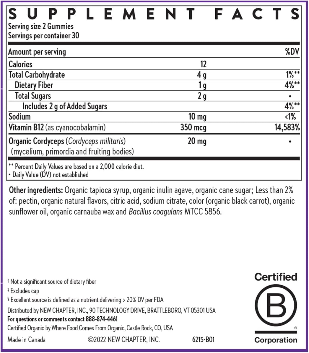New Chapter® Organic Vitamin B12+ Gummies – 47% Less Sugar§, USDA Organic Vegan B12, Two Daily Gummies for Cellular Energy Support with Cordyceps, Non-GMO, Gluten Free, Raspberry Flavored, 60ct