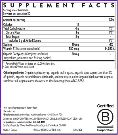 New Chapter® Organic Vitamin B12+ Gummies – 47% Less Sugar§, USDA Organic Vegan B12, Two Daily Gummies for Cellular Energy Support with Cordyceps, Non-GMO, Gluten Free, Raspberry Flavored, 60ct