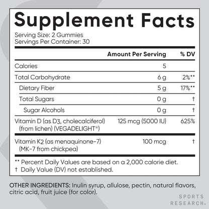 Sports Research® Vegan Vitamin D3 + K2 Sugar-Free Gummies, 60 Count | 125mcg (5000iu) Vitamin D w/ 100mcg Mk7 Vitamin K - Supports Bone & Immune Health* - Vegan Certified · Non-GMO · Soy Free