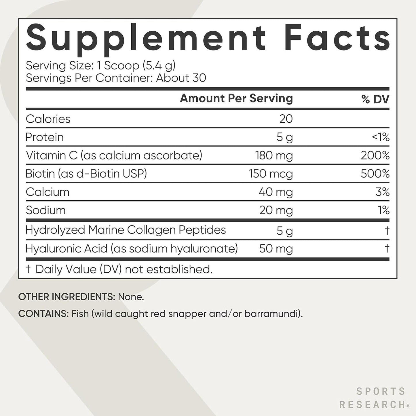 Sports Research® Collagen Beauty Complex - 30 Servings (Unflavored) | 5g Marine Collagen Peptides with Hyaluronic Acid, Vitamin C + Biotin | Skin & Joint Health | Pescatarian Freindly, Non-GMO
