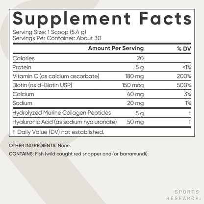 Sports Research® Collagen Beauty Complex - 30 Servings (Unflavored) | 5g Marine Collagen Peptides with Hyaluronic Acid, Vitamin C + Biotin | Skin & Joint Health | Pescatarian Freindly, Non-GMO