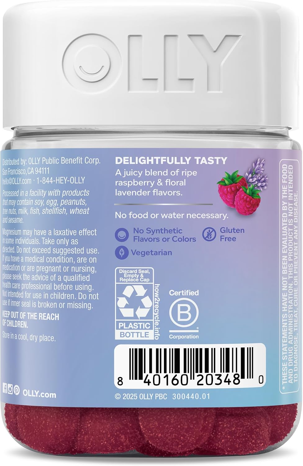 OLLY Relaxing Magnesium Gummies, Supports Muscle Relaxation*, Magnesium Citrate, Raspberry Lavender Flavor, 15 Day Supply - 60 Count