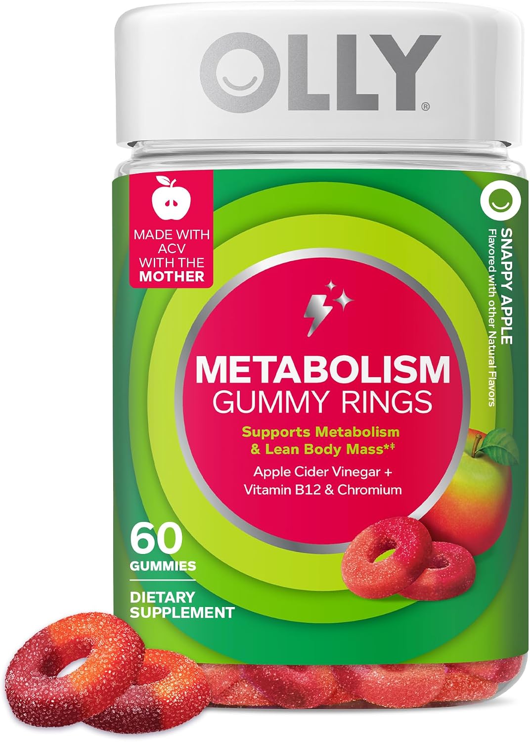 OLLY Metabolism Gummy Rings, Apple Cider Vinegar, Vitamin B12, Chromium, Energy and Digestive Health, Chewable Supplement, Apple Flavor - 30 Count
