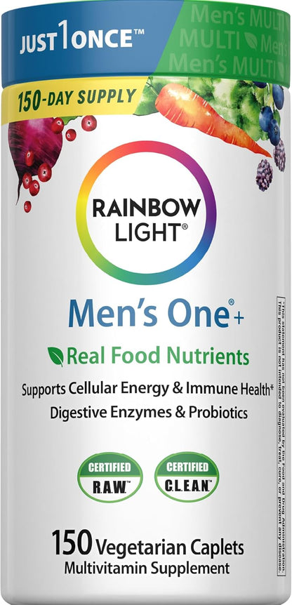 Rainbow Light Mens Multivitamin One + | 30/60/120 Caplets | Supports Energy & Antioxidant Health | with Real Food Nutrients, Digestive Enzymes & Probiotics