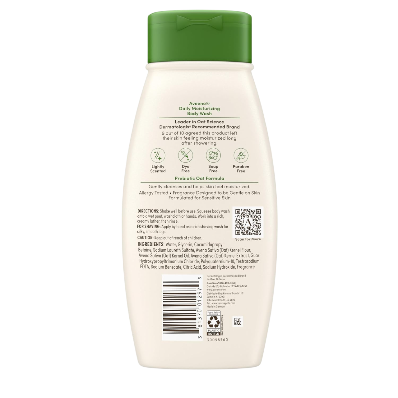 Aveeno Daily Moisturizing Body Wash for Dry & Sensitive Skin + Prebiotic Oat, Body Wash Gently Cleanses & Nourishes Dry Skin, Lightly Scented, Dye- & Paraben-Free, 18/33 fl. oz