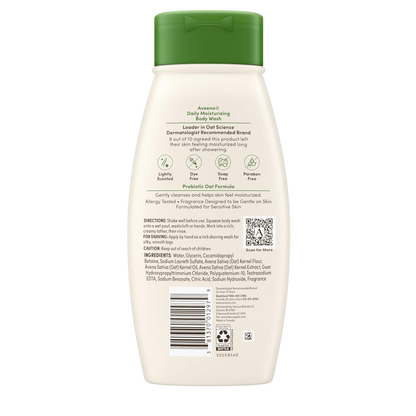 Aveeno Daily Moisturizing Body Wash for Dry & Sensitive Skin + Prebiotic Oat, Body Wash Gently Cleanses & Nourishes Dry Skin, Lightly Scented, Dye- & Paraben-Free, 18/33 fl. oz