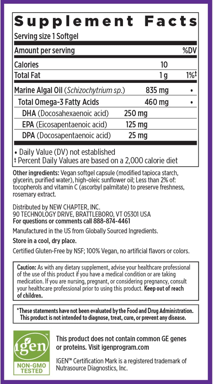 New Chapter Vegan DHA, EPA, and DPA Supplement- Vegan Omega-3 Complex for Heart, Brain, Eye & Joint Support - 30 Softgels