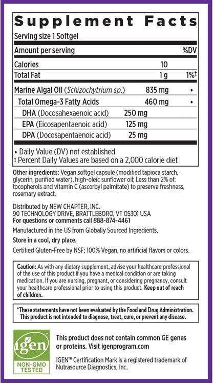 New Chapter Vegan DHA, EPA, and DPA Supplement- Vegan Omega-3 Complex for Heart, Brain, Eye & Joint Support - 30 Softgels