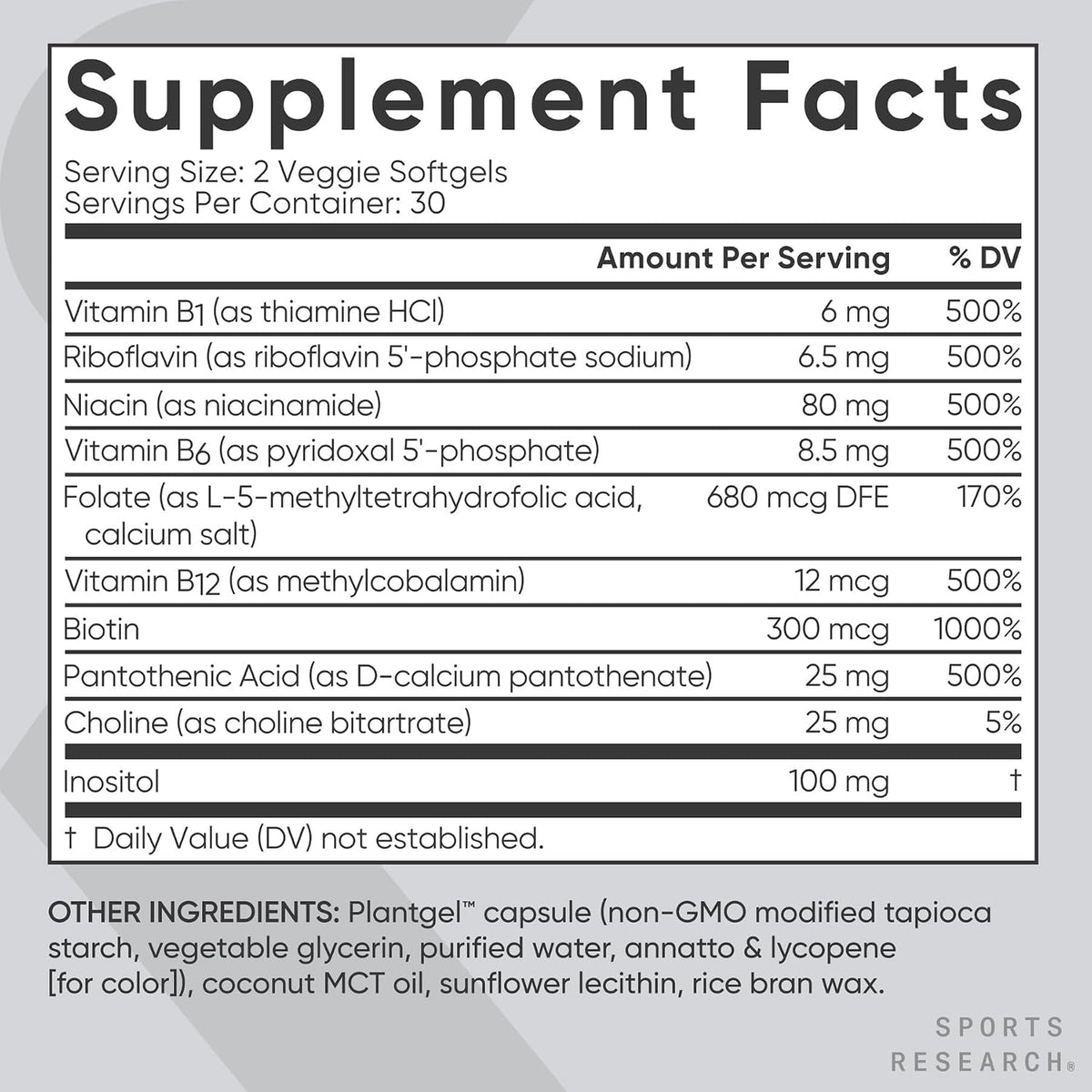 Sports Research® Vitamin B-Complex, 60 Count Plantgels™ | Full Spectrum of B Vitamins with Methylated B12 & Folate - Gluten Free · Plant-Based · Non-GMO · Vegan-Friendly Formula