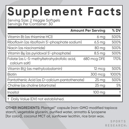 Sports Research® Vitamin B-Complex, 60 Count Plantgels™ | Full Spectrum of B Vitamins with Methylated B12 & Folate - Gluten Free · Plant-Based · Non-GMO · Vegan-Friendly Formula