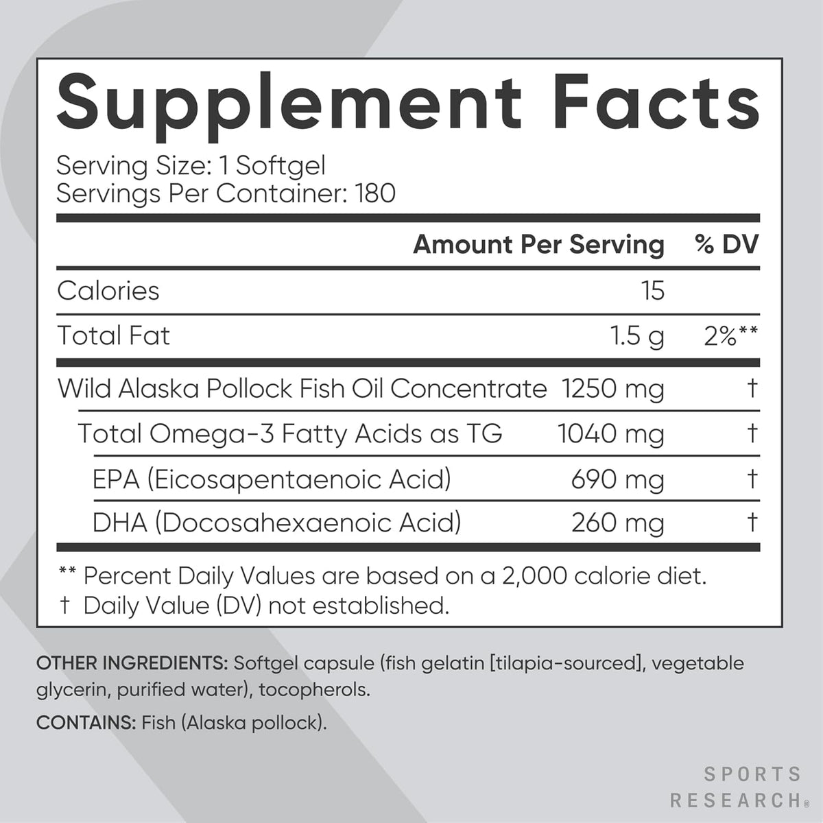 Sports Research® Omega-3 Fish Oil 1250mg from Wild Alaska Pollock, 30 Count | Always Fresh Never Fishy | 690mg EPA 260mg DHA per Softgel · Heart & Brain Health* · MSC Certified Sustainable - 30 Servings