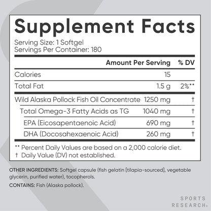 Sports Research® Omega-3 Fish Oil 1250mg from Wild Alaska Pollock, 30 Count | Always Fresh Never Fishy | 690mg EPA 260mg DHA per Softgel · Heart & Brain Health* · MSC Certified Sustainable - 30 Servings