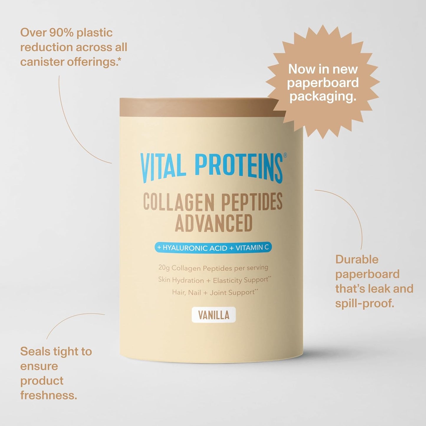 Vital Proteins Collagen Peptides Advanced, Hydrolyzed Peptides with Hyaluronic Acid and Vitamin C - Vanilla Flavor Powder, 21oz