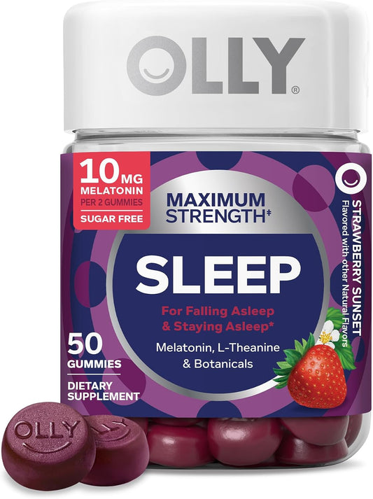 OLLY Max Strength Sleep Gummy, 10mg Melatonin, L-Theanine, Chamomile, Lemon Balm, Sugar Free, Vegetarian Sleep Aid, Strawberry - 50 Count