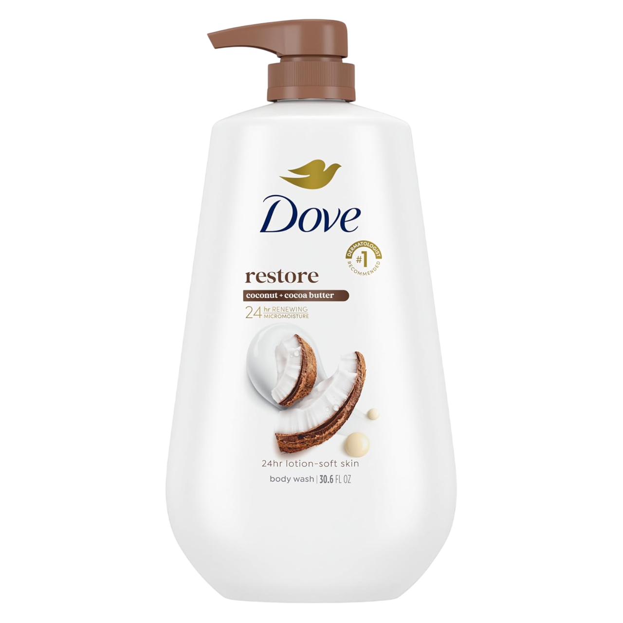 Dove Body Wash with Pump Restore Coconut & Cocoa Butter for 24hr Lotion-Soft Skin Moisturizing Skin Cleanser with No Sulfates No Parabens 30.6 Oz