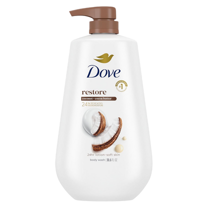 Dove Body Wash with Pump Restore Coconut & Cocoa Butter for 24hr Lotion-Soft Skin Moisturizing Skin Cleanser with No Sulfates No Parabens 30.6 Oz