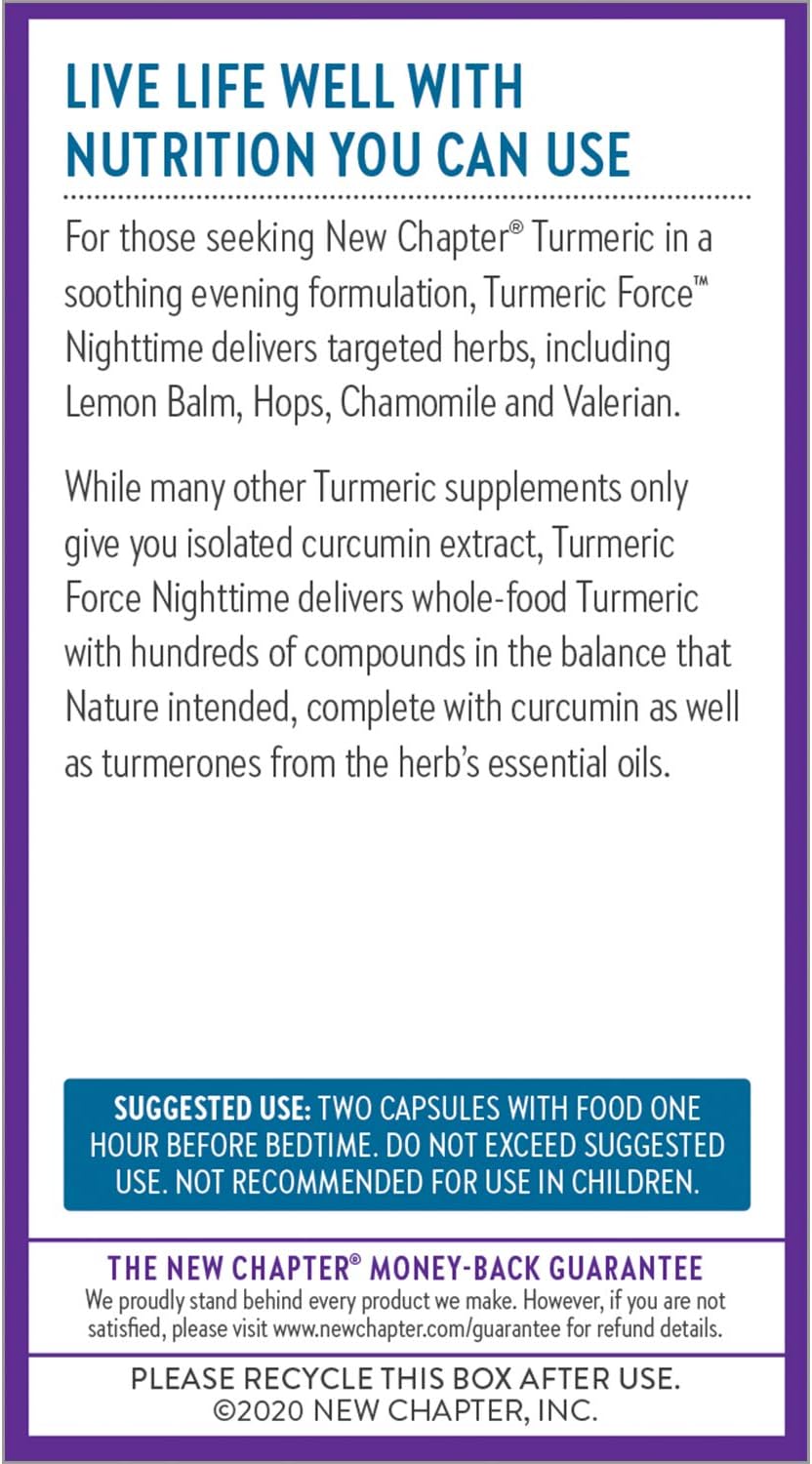New Chapter Turmeric Supplement + Sleep Aid - Turmeric Force Nighttime for Sleep Support with Valerian Root + Ginger + NO Black Pepper Needed + Non-GMO Ingredients - 60 Vegetarian Capsule