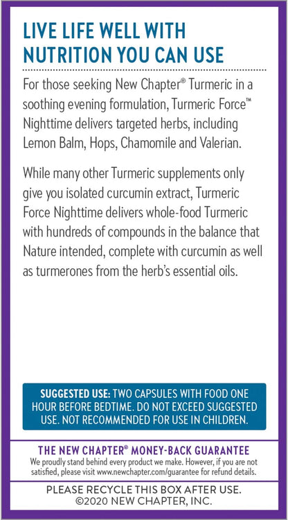 New Chapter Turmeric Supplement + Sleep Aid - Turmeric Force Nighttime for Sleep Support with Valerian Root + Ginger + NO Black Pepper Needed + Non-GMO Ingredients - 60 Vegetarian Capsule