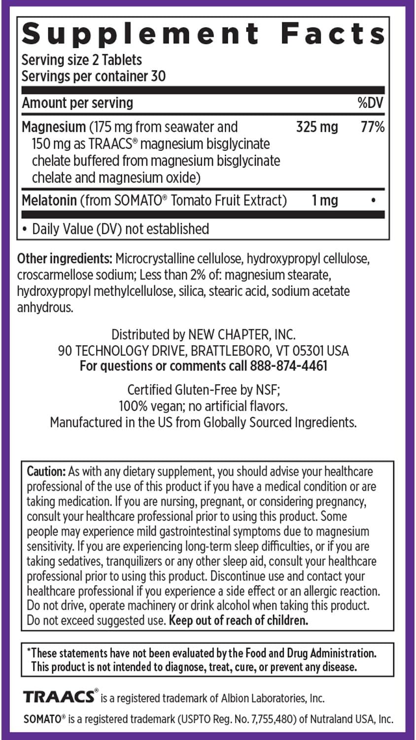 New Chapter Magnesium + Plant-Based Melatonin Supplement, with 2.5X Better Absorption Magnesium Glycinate & Non-GMO Melatonin 1 mg from Tomato – Sleep Aid & Muscle Relaxation* - 60 Tablets