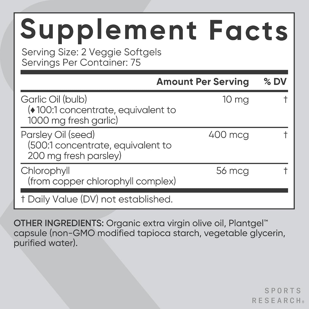Sports Research® Odorless Garlic Oil, 150 Plantgel™ Capsules | Provides an Immune Supportive Blend of Plant-Based Garlic Oil, Parsley & Chlorophyll - Vegan, Non-GMO, Soy Free - 75 Servings