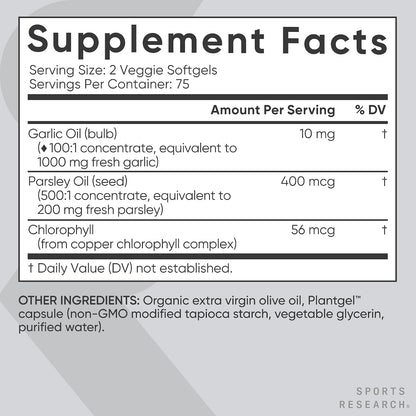 Sports Research® Odorless Garlic Oil, 150 Plantgel™ Capsules | Provides an Immune Supportive Blend of Plant-Based Garlic Oil, Parsley & Chlorophyll - Vegan, Non-GMO, Soy Free - 75 Servings