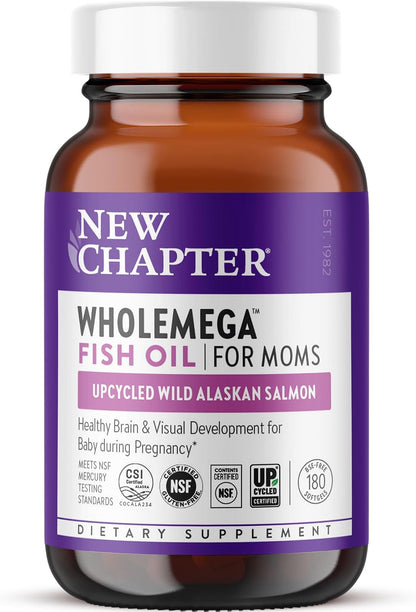 New Chapter Wholemega for Moms Fish Oil Supplement, Tiny Capsules, 2000mg per Serving, Prenatal DHA with Omega-3 + Vitamin D3 for Prenatal & Postnatal Support, 500mg Each - 90 Count