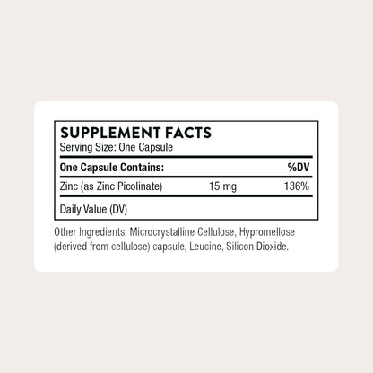 THORNE - Zinc Picolinate 15 mg - Highly Absorbable Zinc Supplement - Supports Immune System, Eye, Skin & Reproductive Health* - Third-Party Certified - Gluten, Dairy & Soy-Free - 60 Capsules