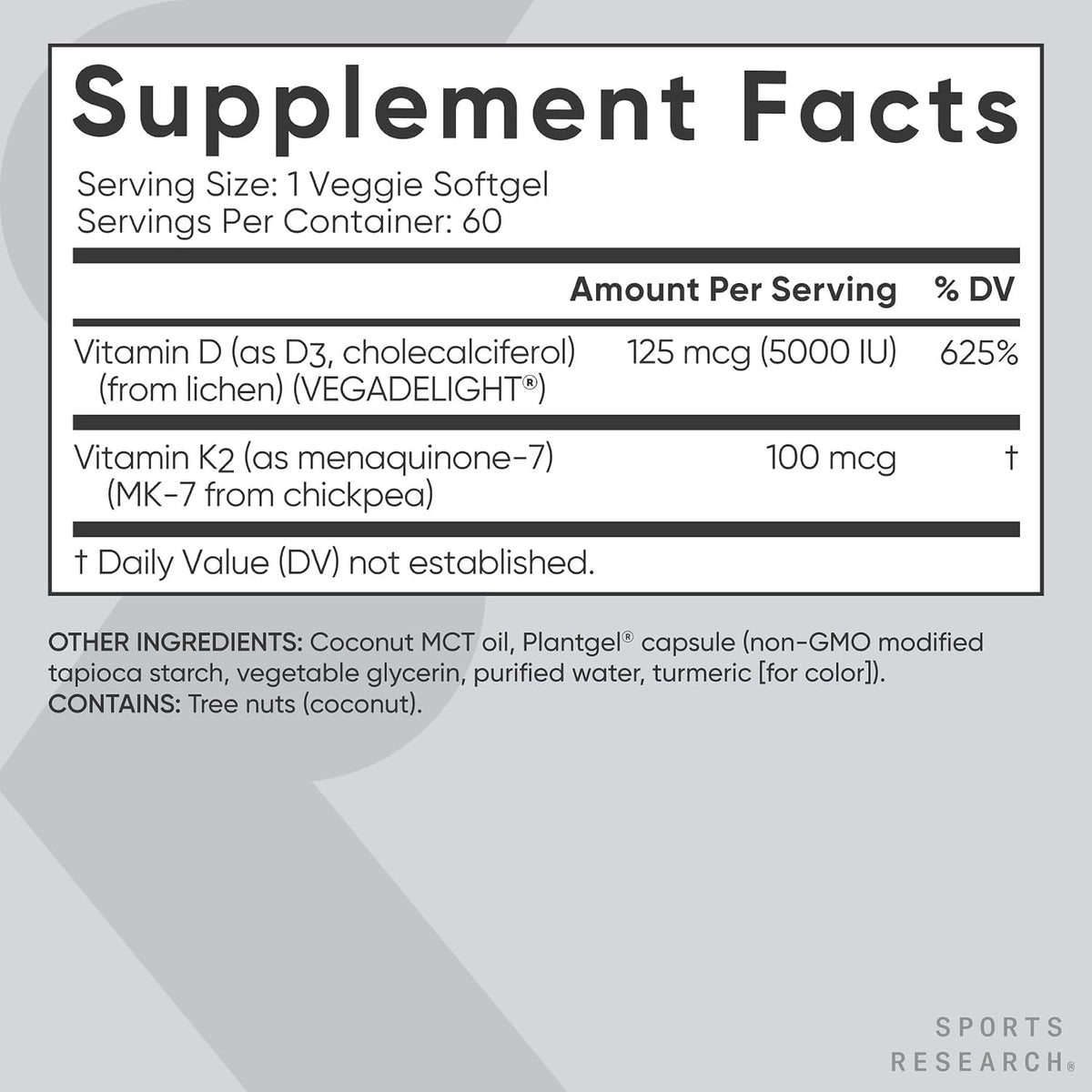 Sports Research® Vegan Vitamin D3 + K2 w/Coconut Oil, 30 Count Plantgels™ | Plant-Based Vitamin D 5000iu/125mcg & Soy-Free Vitamin K 100mcg for Bone & Immune Support - Vegan Certified · Non-GMO