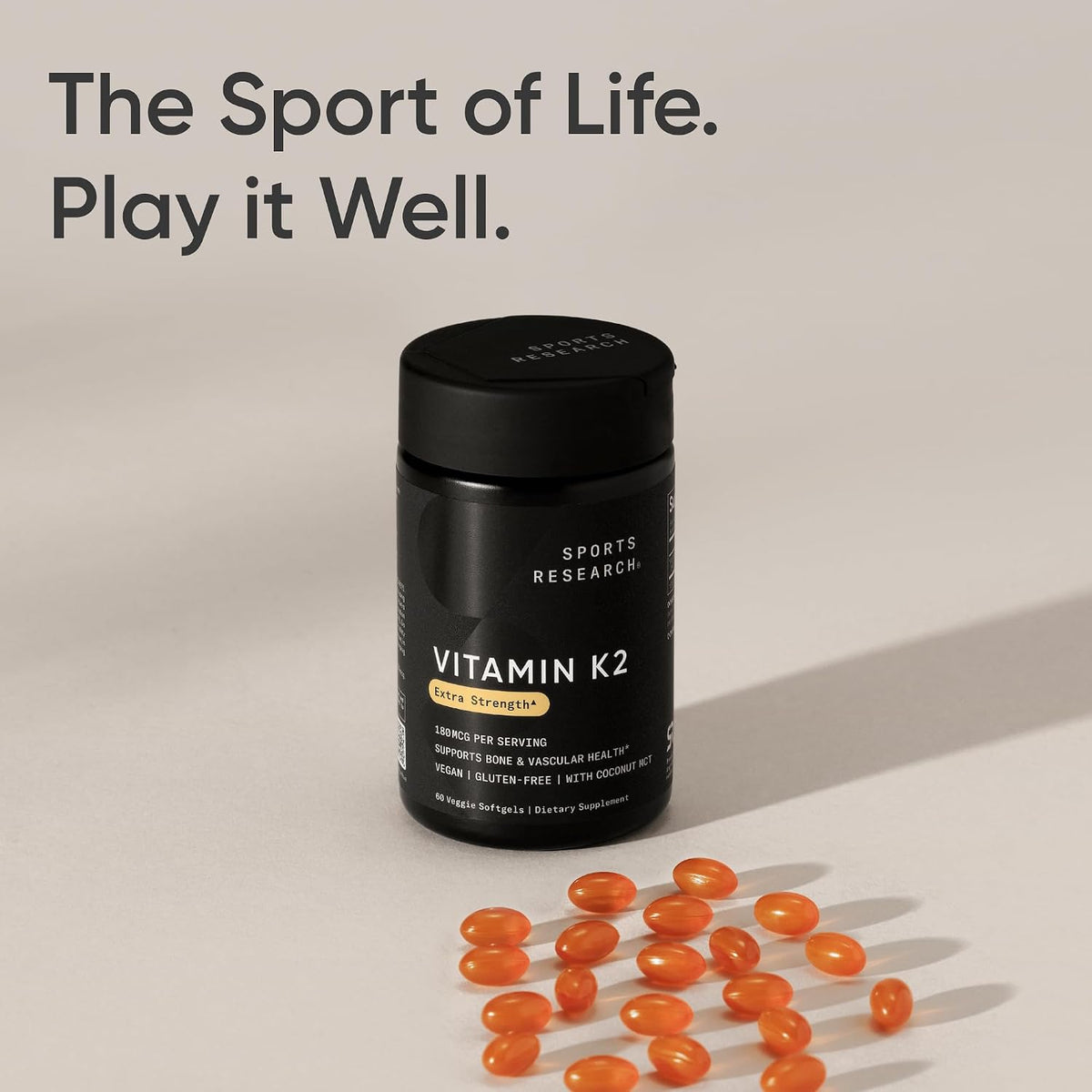 Sports Research® Vitamin K2 (MK-7) 180mcg w/Coconut MCT Oil, 60 Count | Vegan K2 from Chickpea | Supports Strong Bones | Vegan Certified, Non-GMO Verified, Gluten & Soy Free