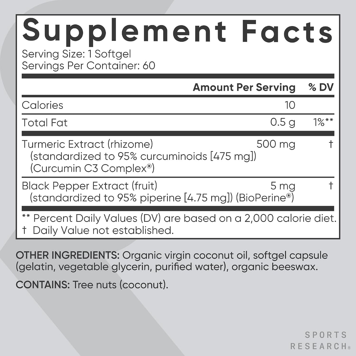 Sports Research® Turmeric Curcumin w/Coconut Oil & BioPerine® - 60 Count | Made with Curcumin C3 Complex® 500mg | Standardized to 95% Active Curcuminoids | Non-GMO, Gluten-Free - 60 Softgels