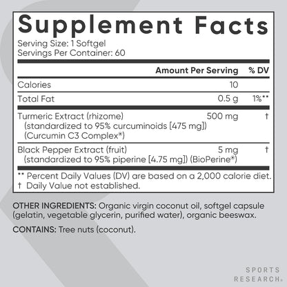 Sports Research® Turmeric Curcumin w/Coconut Oil & BioPerine® - 60 Count | Made with Curcumin C3 Complex® 500mg | Standardized to 95% Active Curcuminoids | Non-GMO, Gluten-Free - 60 Softgels