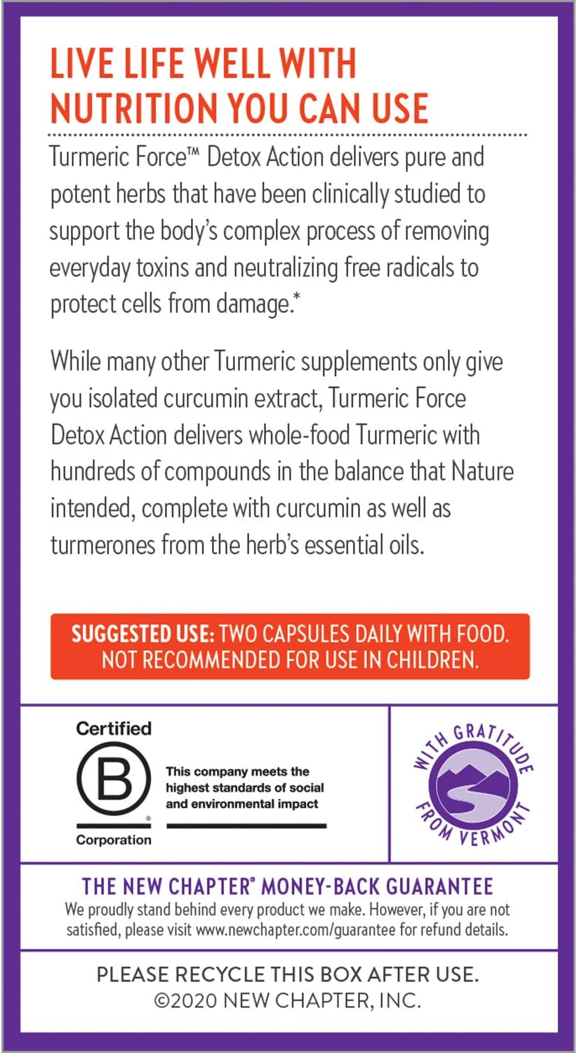 New Chapter Turmeric Supplement + Daily Detox Turmeric Force Detox Action with Green Tea + Ginger + NO Black Pepper Needed + NonGMO Ingredients Vegetarian Capsule, 60 Count