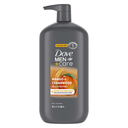 DOVE MEN + CARE body and face wash rejuvenating mango + cedarwood for Men, with 24-Hour Nourishing Micromoisture Technology, 30 oz