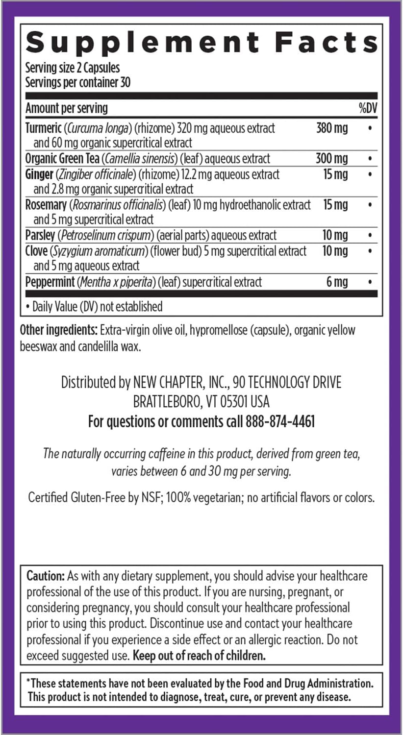 New Chapter Turmeric Supplement + Daily Detox Turmeric Force Detox Action with Green Tea + Ginger + NO Black Pepper Needed + NonGMO Ingredients Vegetarian Capsule, 60 Count