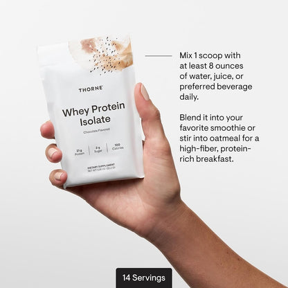 THORNE - Whey Protein Isolate - Balanced Amino Acids Profile with BCAAs - 21 Grams of Easy to Digest Whey Protein Powder - NSF Certified for Sport - Chocolate - Gluten & Soy-Free - 14 Packets