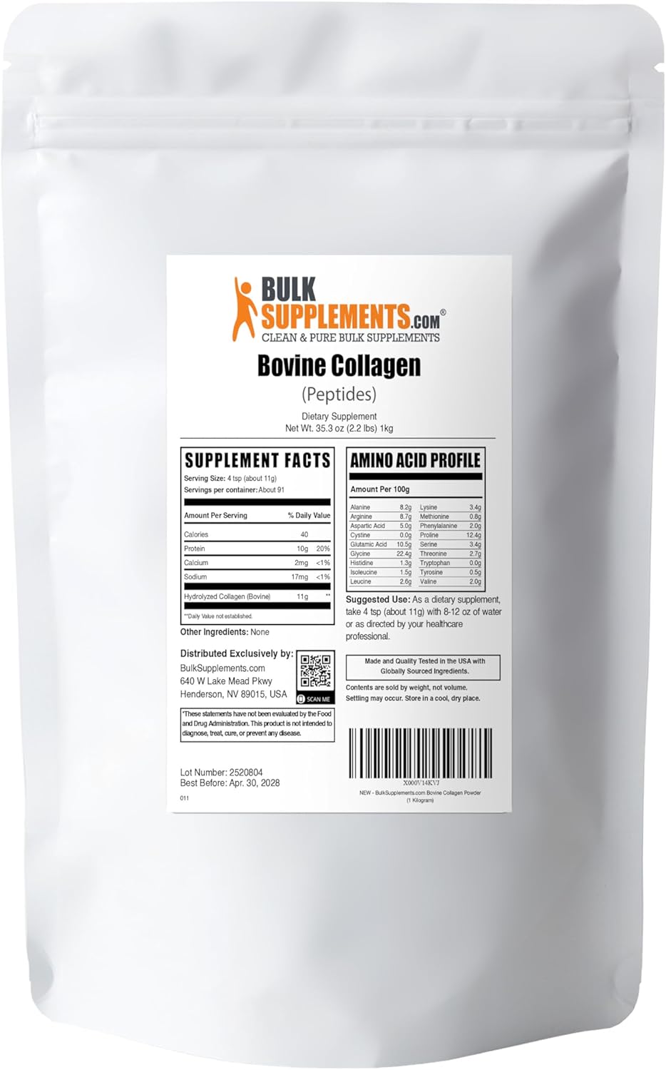 BulkSupplements.com Collagen Peptides Powder - Bovine Collagen Powder, Powdered Collagen Supplement - Hydrolyzed & Gluten Free, 11g per Serving