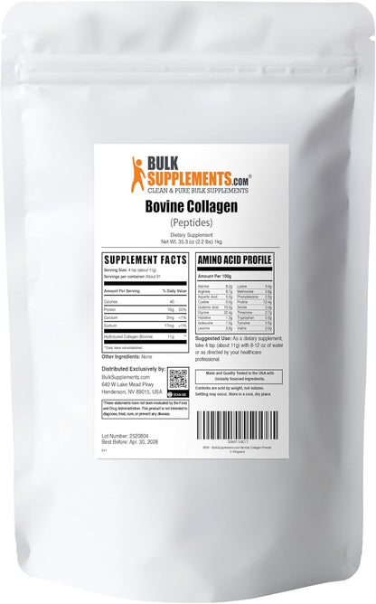 BulkSupplements.com Collagen Peptides Powder - Bovine Collagen Powder, Powdered Collagen Supplement - Hydrolyzed & Gluten Free, 11g per Serving