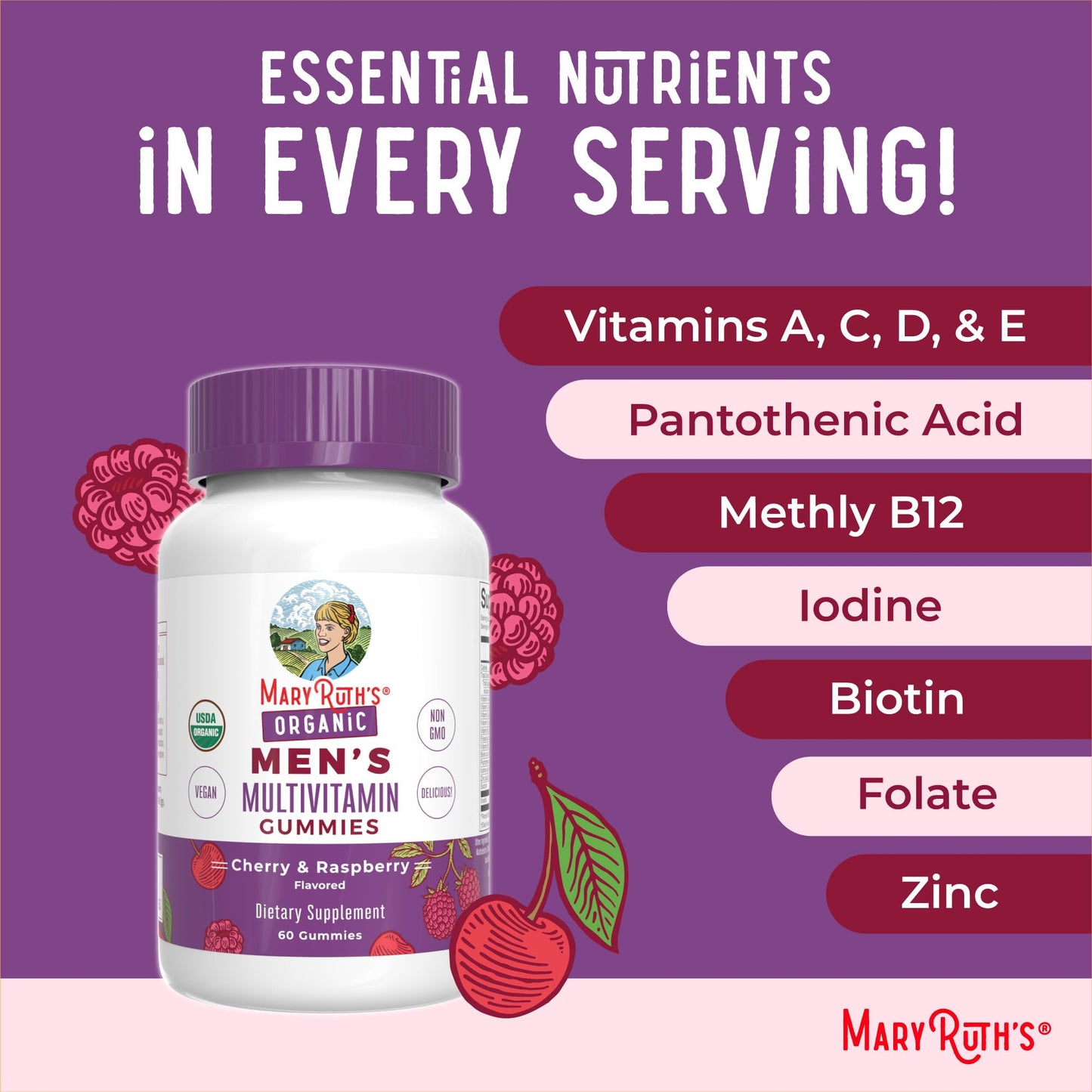 MaryRuth's Multivitamin Gummies for Men | Vitamin A, C, D, E, B6, B12, Biotin, Zinc | Energy Metabolism | Immunity | Bone Health | Cellular Health | Vegan | Non-GMO | Gluten & Sugar Free | 60 Count