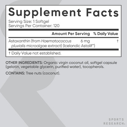 Sports Research® Icelandic Astaxanthin 6mg w/Coconut Oil - 120 Count | Antioxidant Supplement for Skin & Eye Health Support | Soy-Free, Non-GMO, Gluten-Free