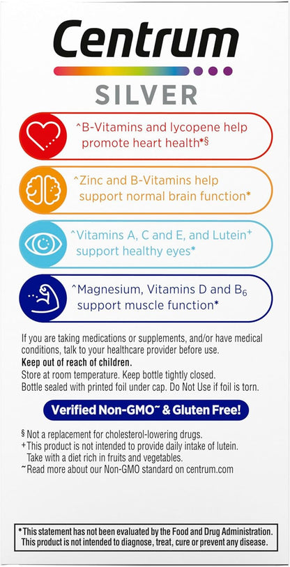 Centrum Silver Multivitamin for Men 50 Plus, Multimineral Supplement, Vitamin D3, B-Vitamins and Zinc, Gluten Free, Non-GMO Ingredients, Supports Memory and Cognition in Older Adults - 100 Ct