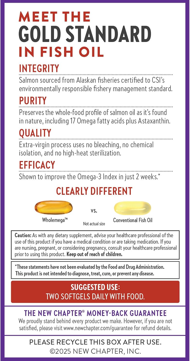 New Chapter Wholemega Fish Oil Supplement - 2000mg per Serving, Clinically Proven Wild Alaskan Salmon Oil with Omega-3 + Vitamin D3 + Astaxanthin, 60 Softgels
