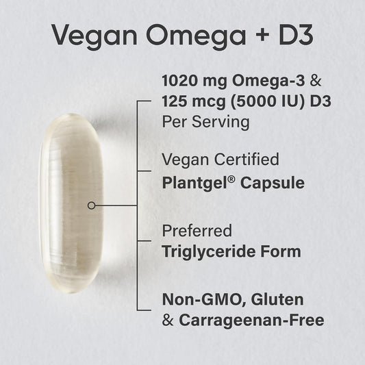 Sports Research® Vegan Omega-3 Algae Oil 1400mg w/Vegan D3 5000iu, 60 Count | 2-in-1 Fish Oil Alternative with Plant-Based Vitamin D