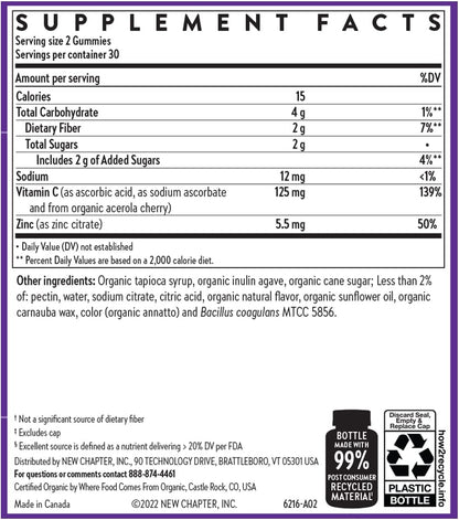 New Chapter Vitamin C+ Gummies – 35% Less Sugar§, Excellent Source of Vitamin C, Two Daily Gummies for Immune Support with Acerola Cherry, Vegan, Non-GMO, Gluten Free, Citrus Flavored, 60ct